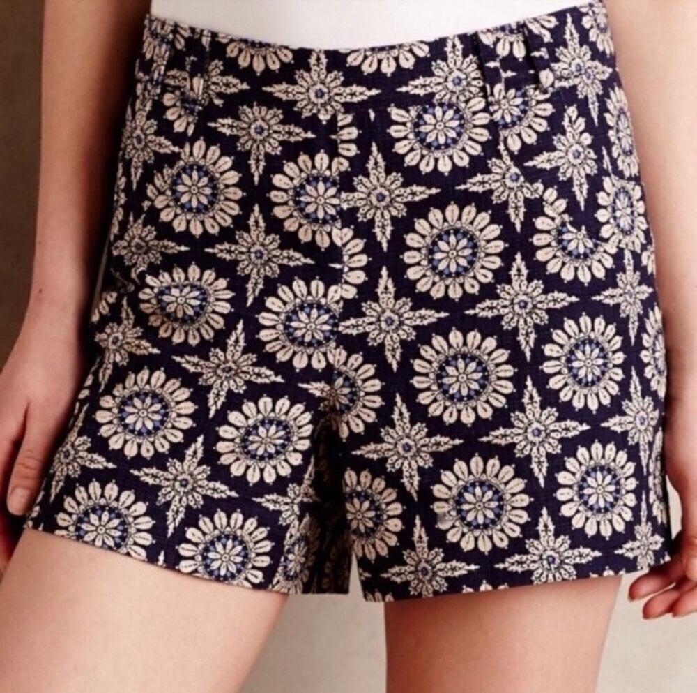 Anthropologie Elevenses Navy Floral Star Tile Print Cotton Boho Shorts In Size 0